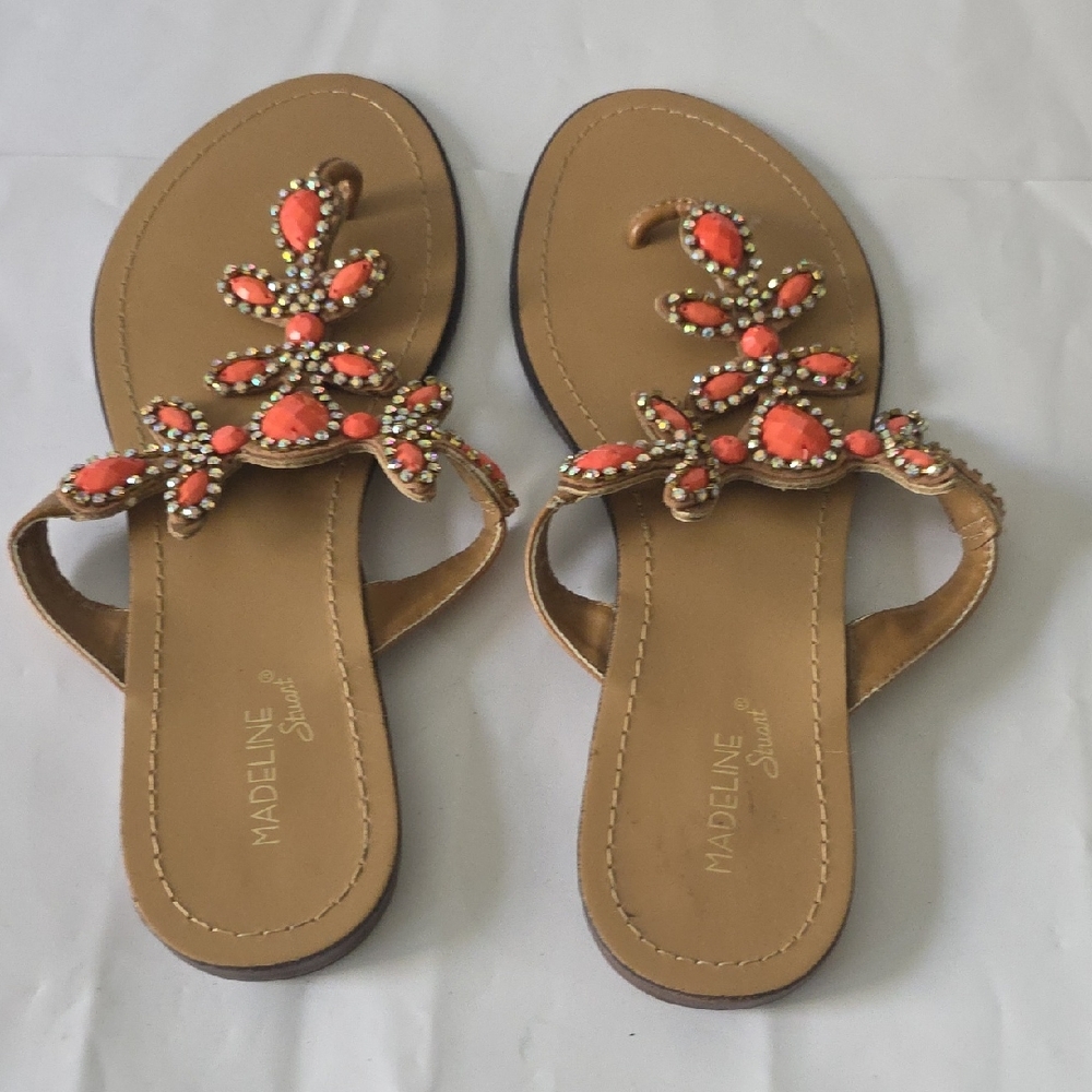 Madeline Stuart Coral and Tan Beaded Sandals